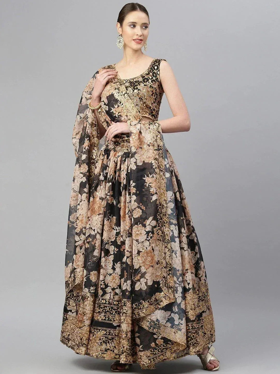 Tulsi Art Black & Beige Embellished Sequinned Semi-Stitched Lehenga & Unstitched Blouse - Dista