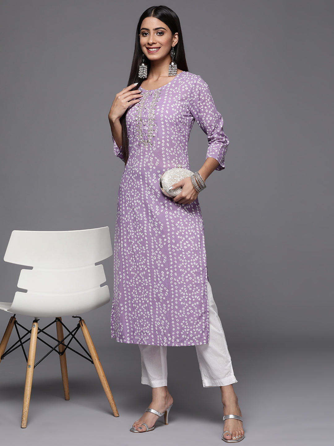 Varanga Lavender Bandhani Print Embroidered Kurta Has Round Neck - Distacart