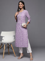 Thumbnail for Varanga Lavender Bandhani Print Embroidered Kurta Has Round Neck - Distacart