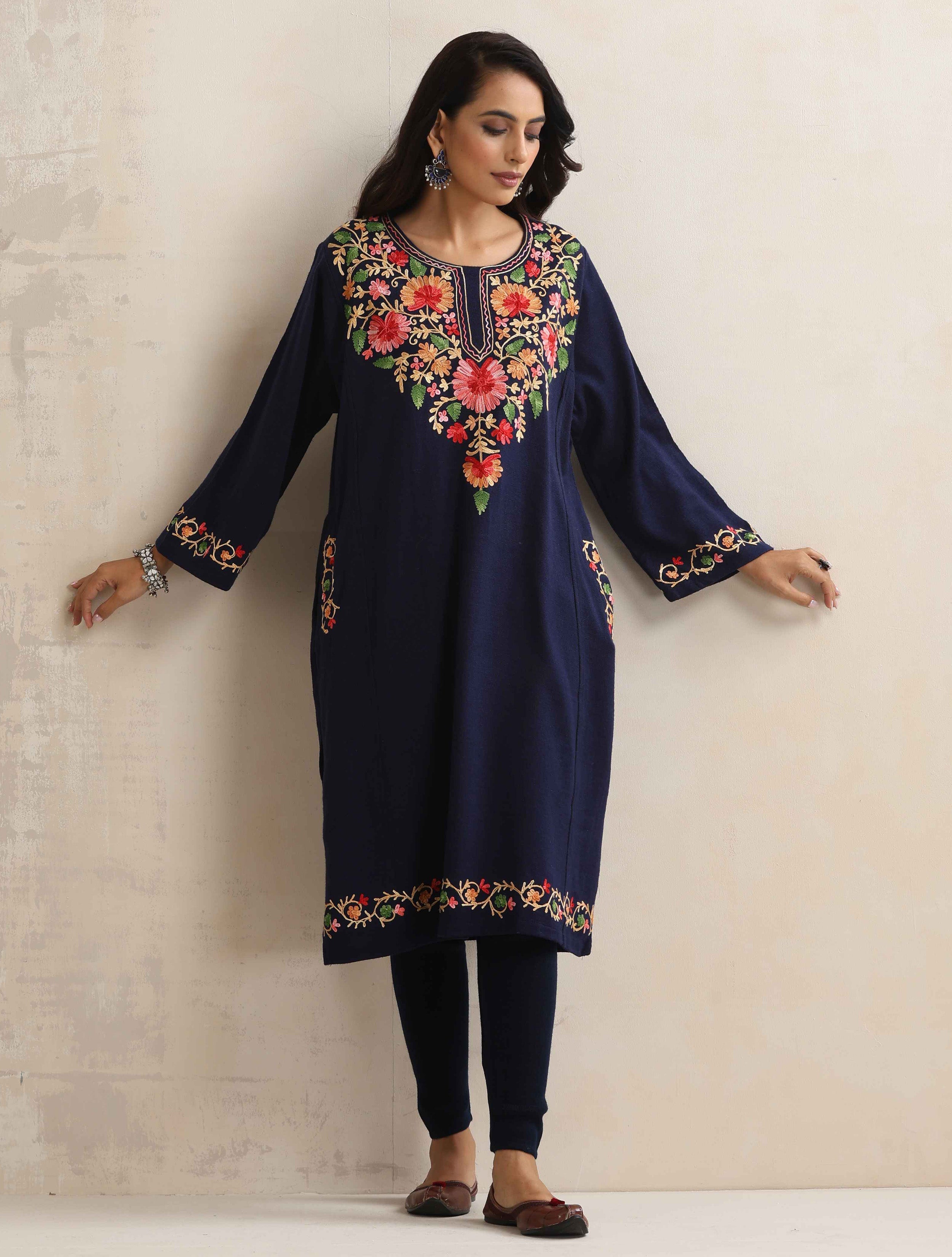 trueBrowns Blue Floral Embroidered Woollen Phiran Kurta - Distacart