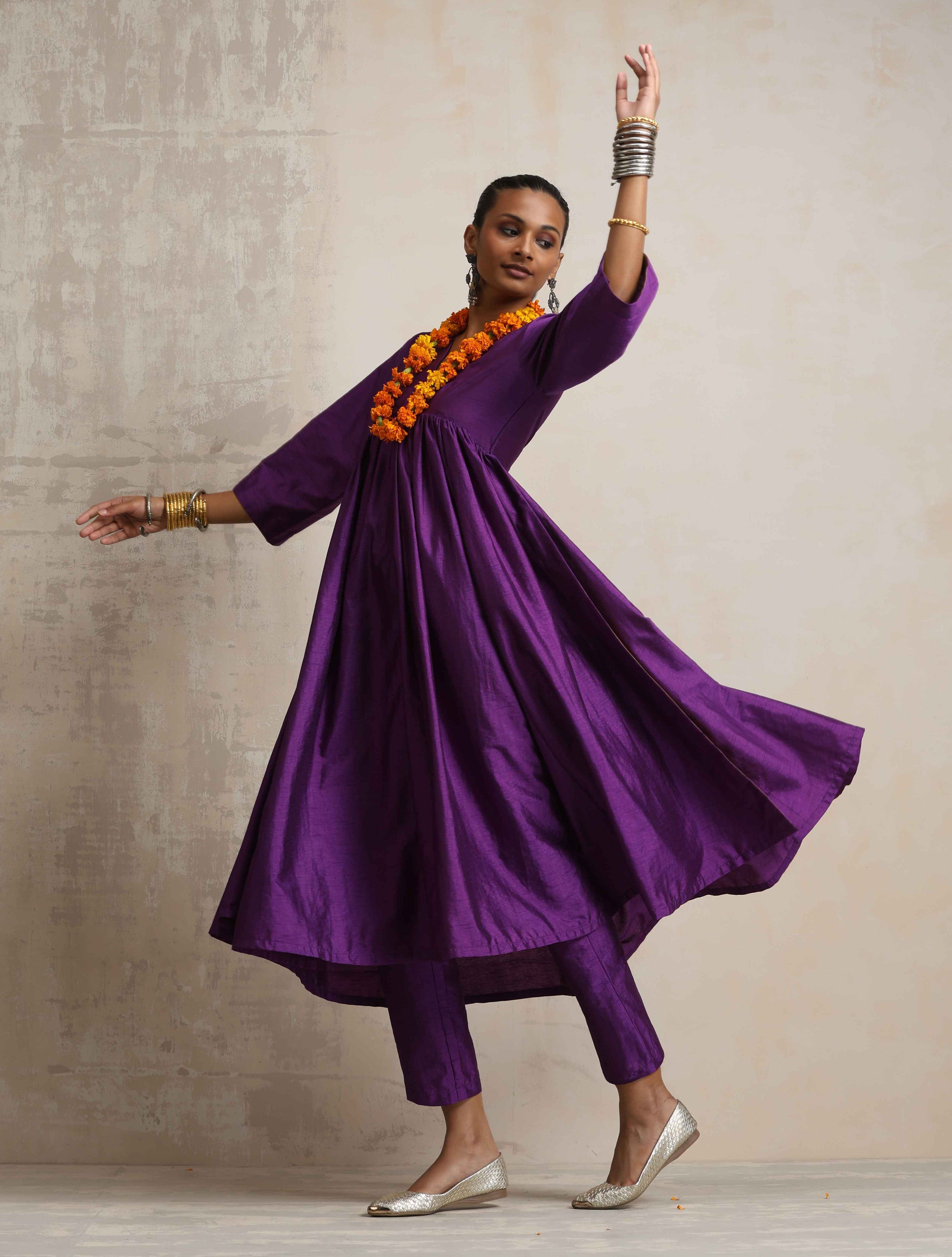 trueBrowns Purple Silk Anarkali Flared Kurta Set - Distacart