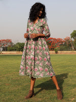 Thumbnail for trueBrowns Sage Cotton Block Print Lapel Collared Dress - Distacart