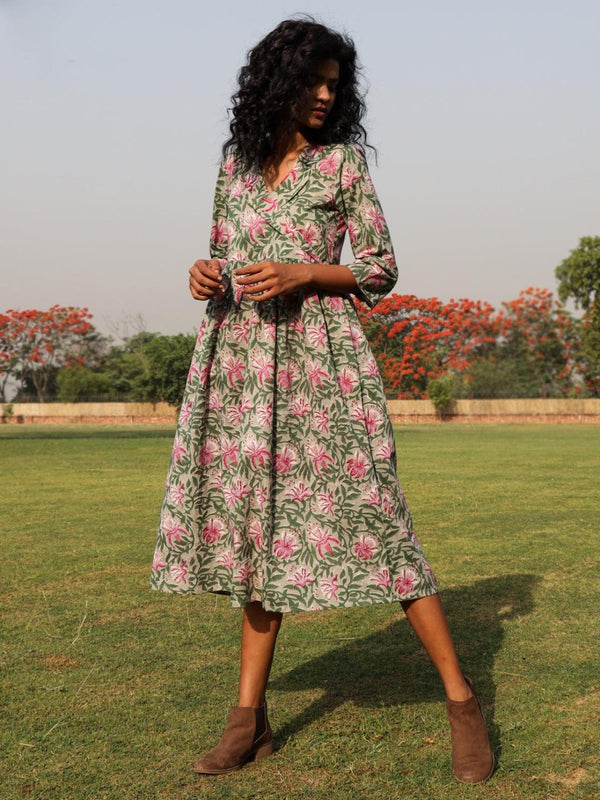 trueBrowns Sage Cotton Block Print Lapel Collared Dress - Distacart