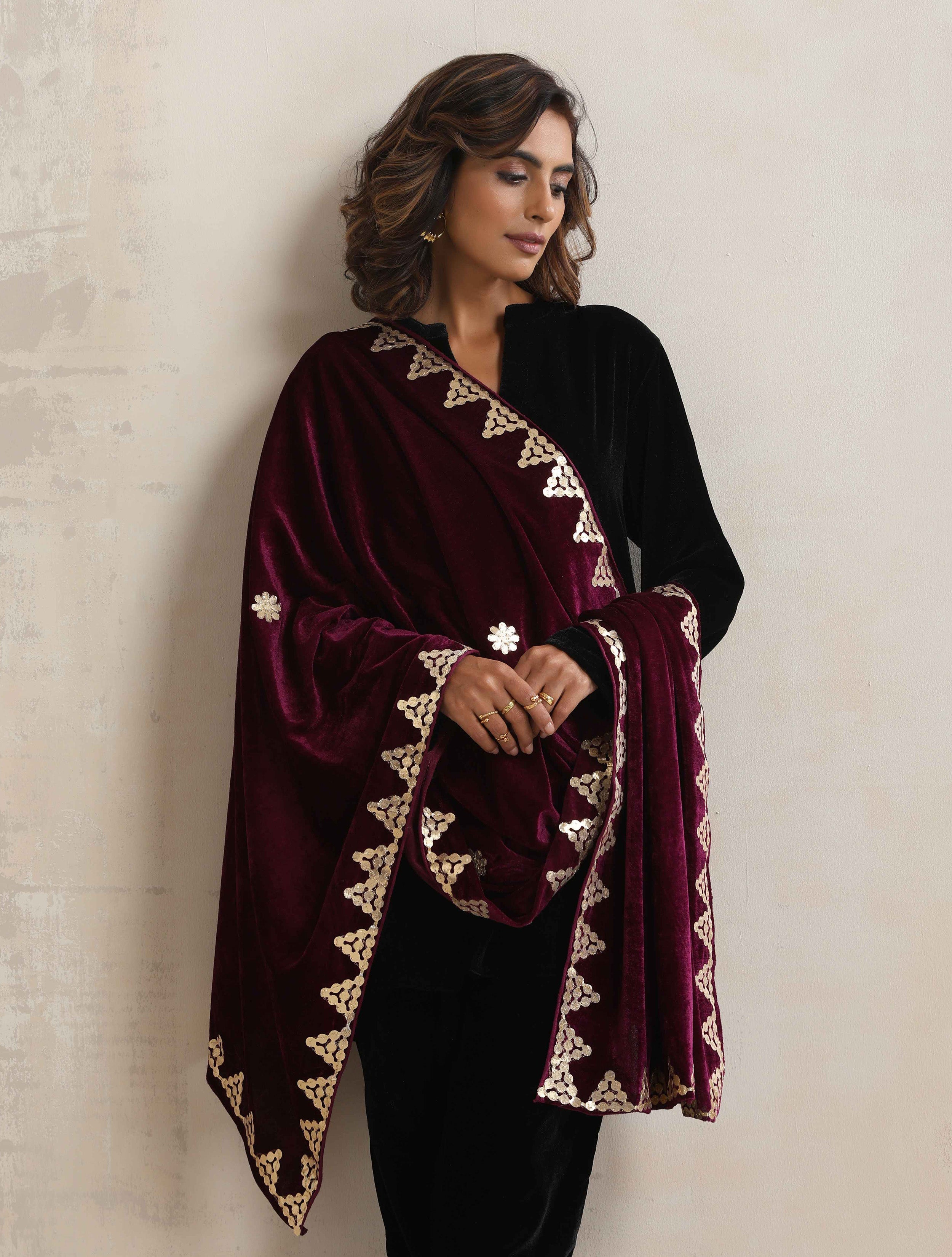 trueBrowns Wine Velvet Gota Patti Stole - Distacart