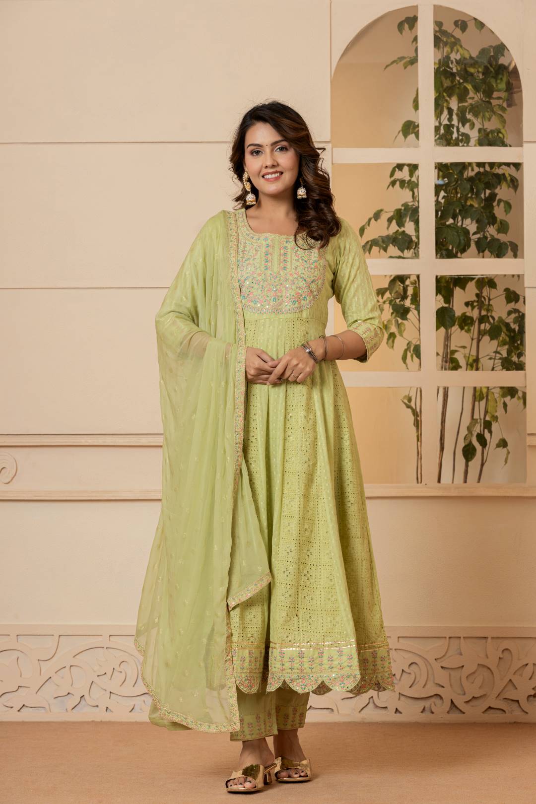 Varanga Women Lime Green Mirror And Thread Embroidered,Gotta Embellished Scalloped Schiffli Anarkali Kurta Paired Wirh Printed Bottom And Embroidered Dupatta - Distacart