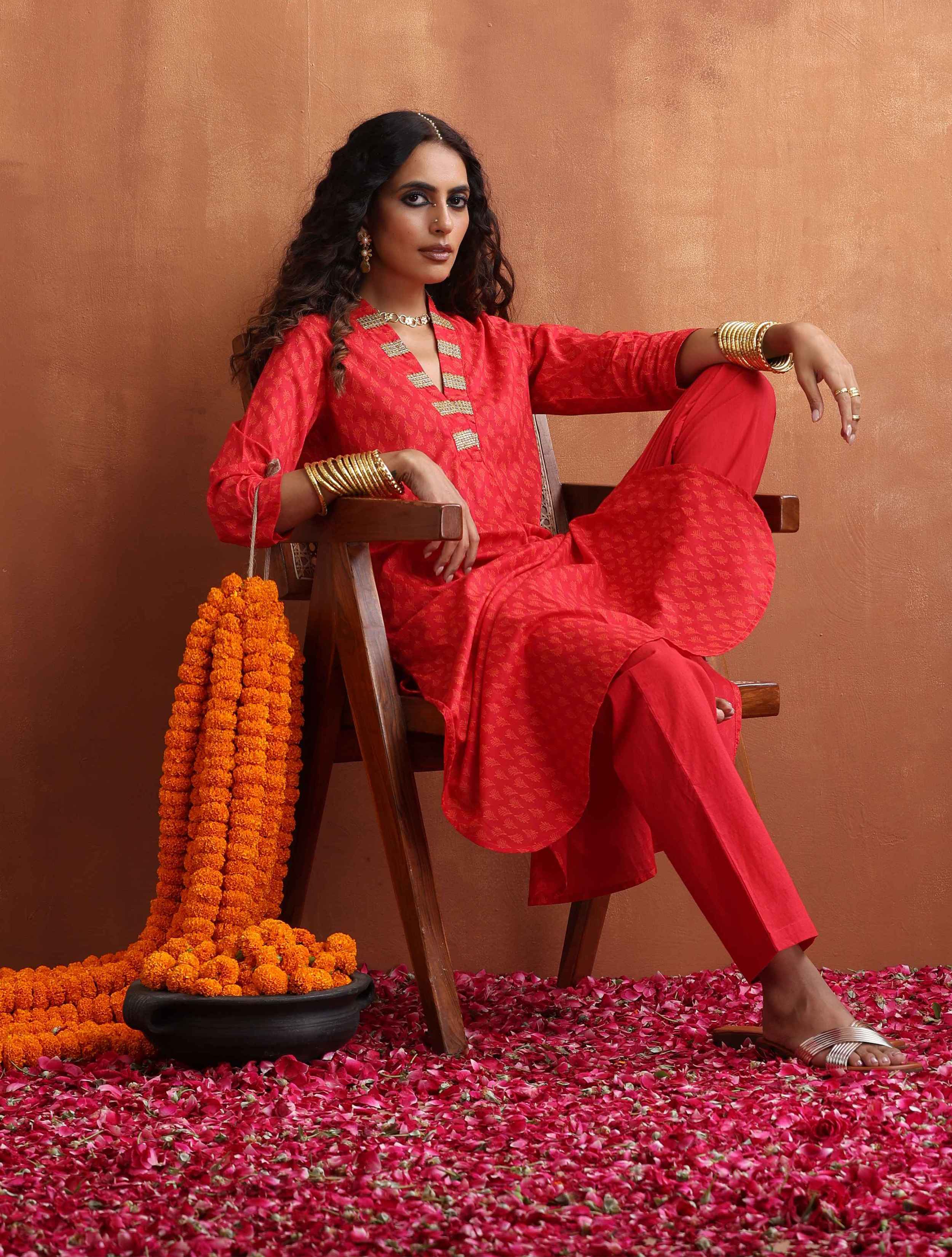 trueBrowns Red Print A-line Kurta Set - Distacart