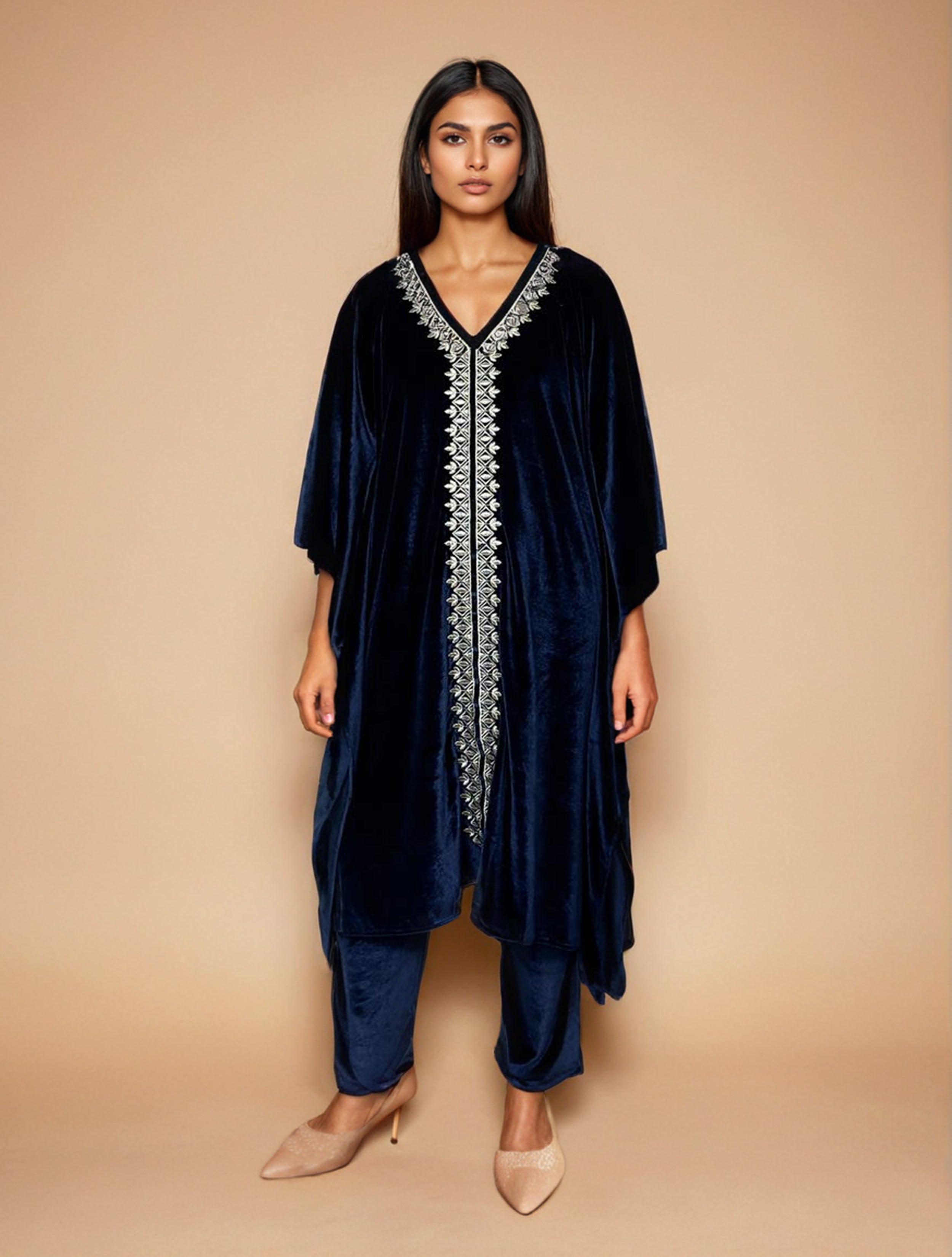 trueBrowns Navy Blue Velvet Embroidered Kaftan Kurta Set - Distacart