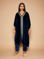 Thumbnail for trueBrowns Navy Blue Velvet Embroidered Kaftan Kurta Set