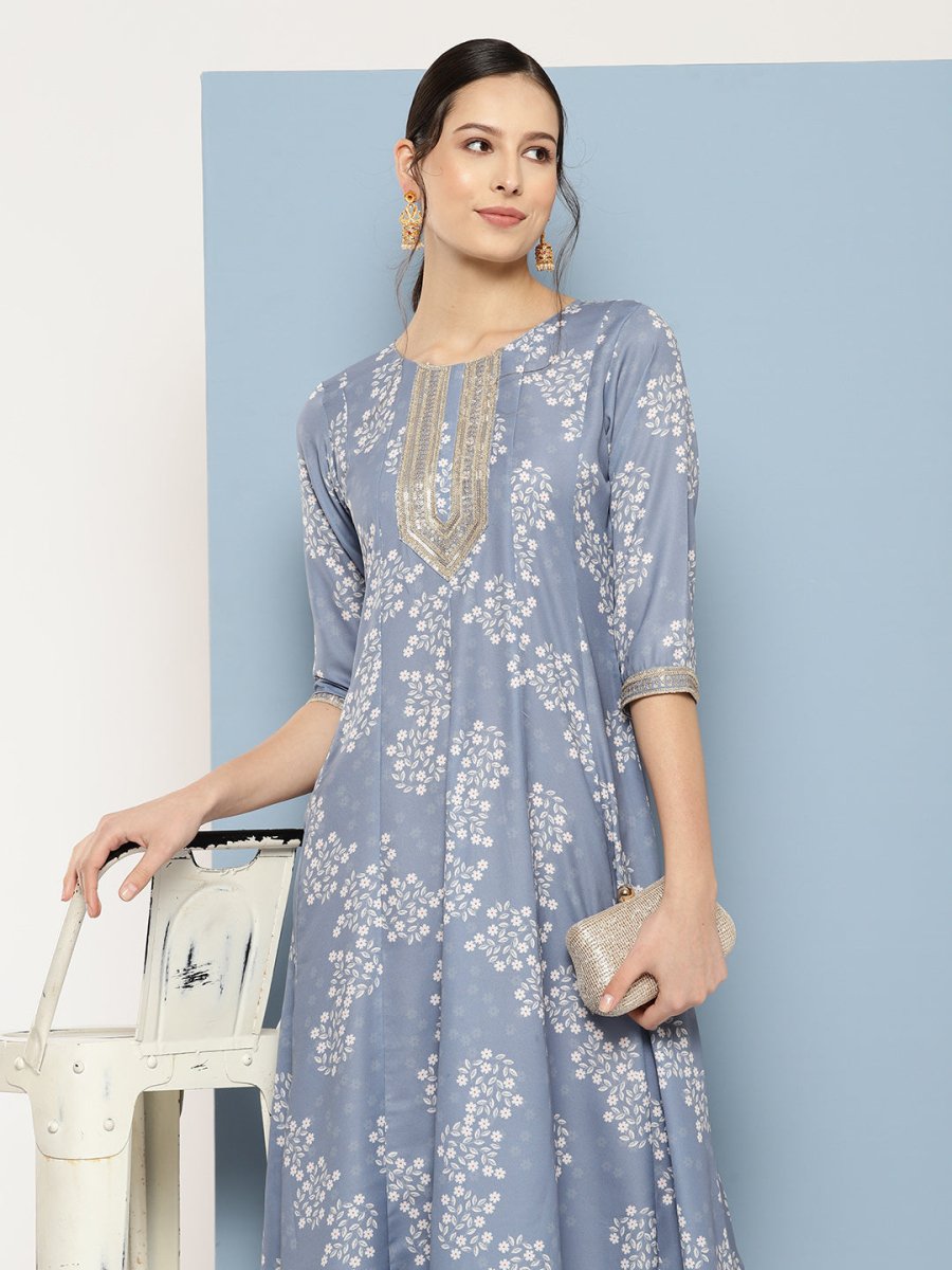 Ahalyaa Floral Printed Midi A-Line Ethnic Dress - Distacart