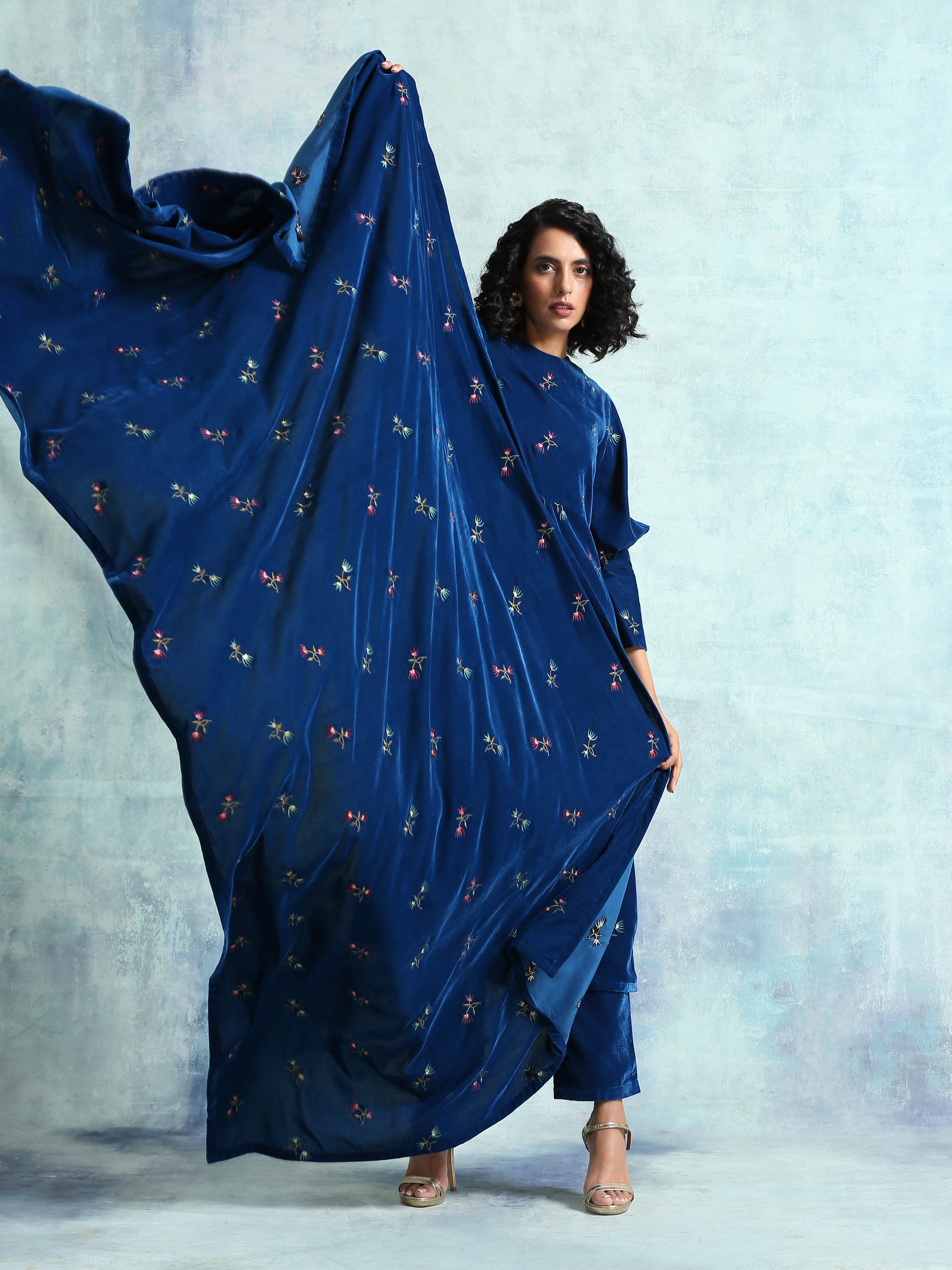 trueBrowns Blue Embroidered Velvet Shawl - Distacart
