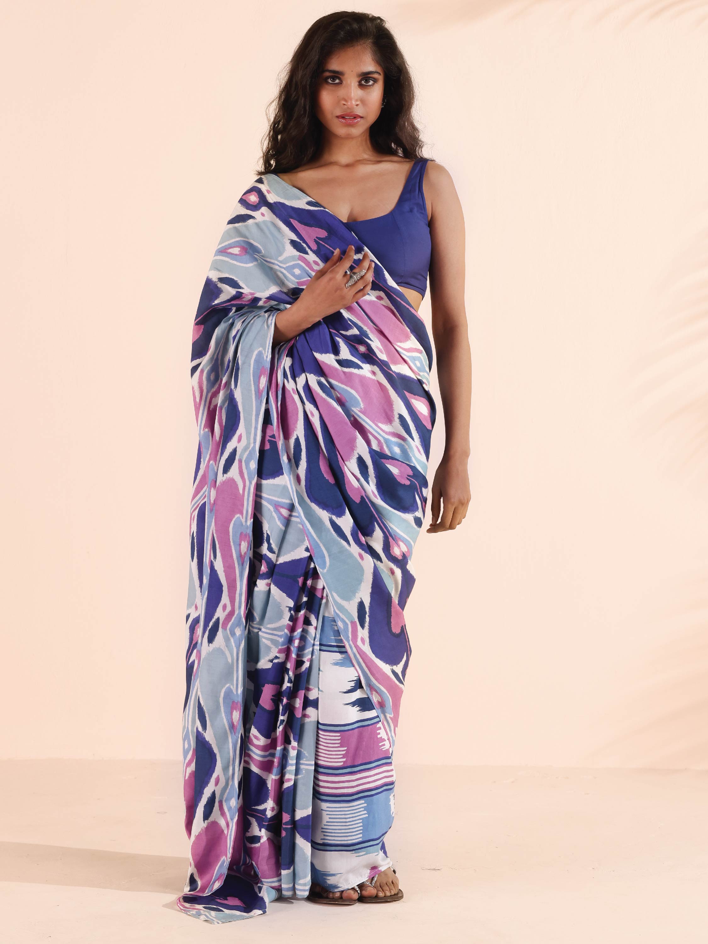trueBrowns Blue Purple Muslin Ikat Saree - Distacart