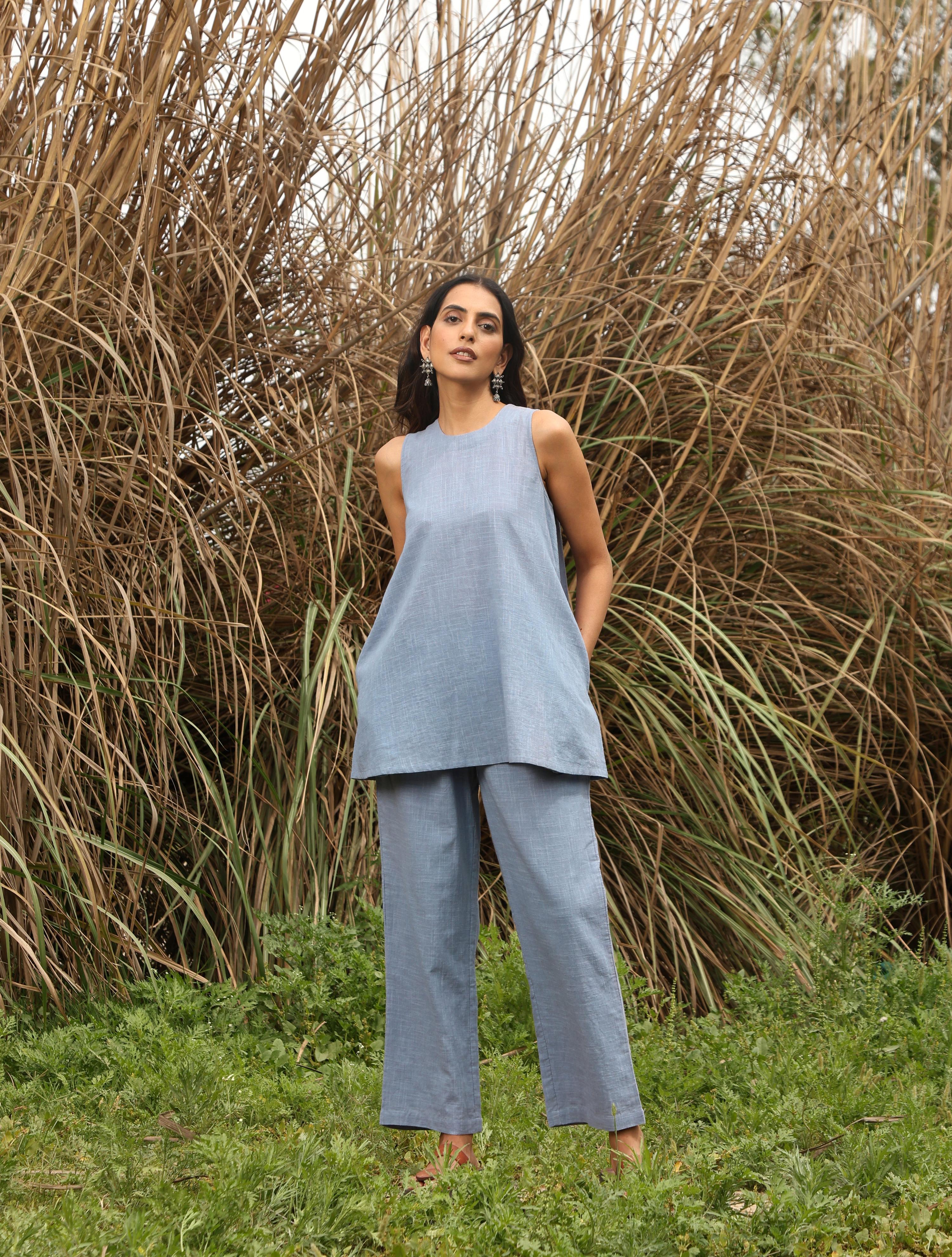 trueBrowns Blue Cotton Sleeveless Co-ord Set - Distacart