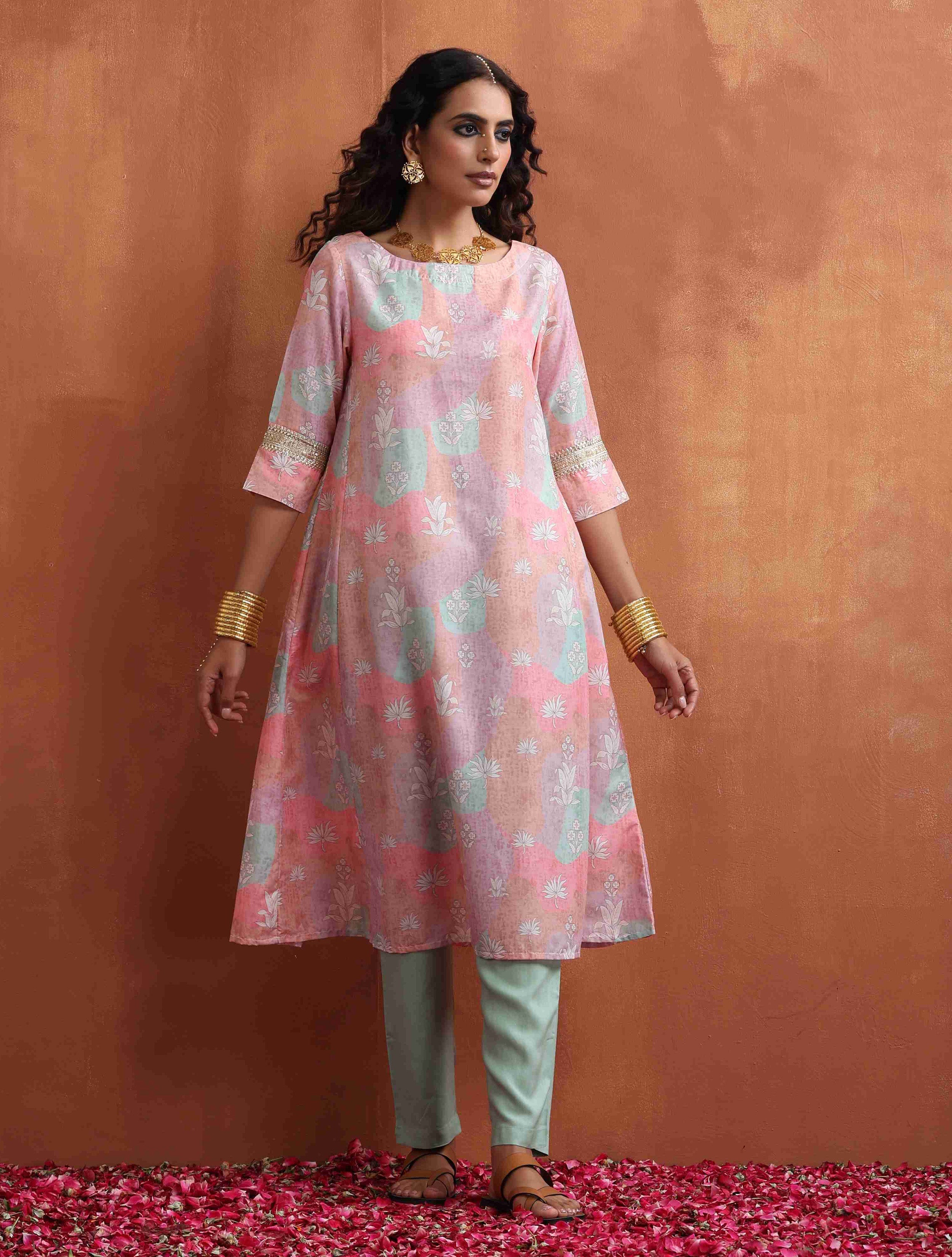 trueBrowns Beige Palm Print A-line Kurta Set - Distacart