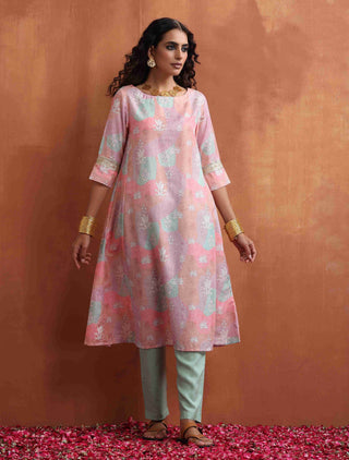 trueBrowns Beige Palm Print A-line Kurta Set