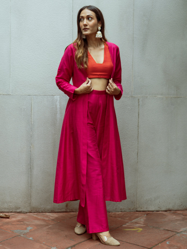 trueBrowns Pink Dupion Silk Overlay Jacket Blouse Pant Set - Distacart