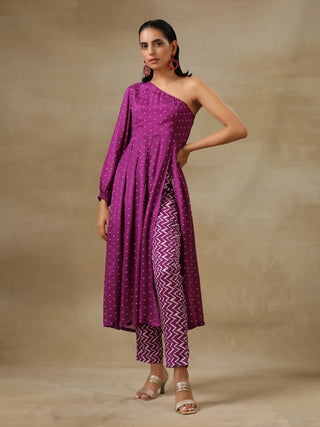 trueBrowns Purple Bandhani Printed Silk One Shoulder Kurta Pant Set - Distacart