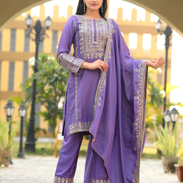 Teeya Creation Lavender Color Chinon Silk Heavy Embroidery Work Fully Stitched Salwar Suit - Distacart