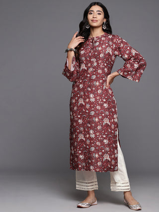 Varanga Women Maroon Floral Printed Straight Kurta With Flared Sleeves - Distacart