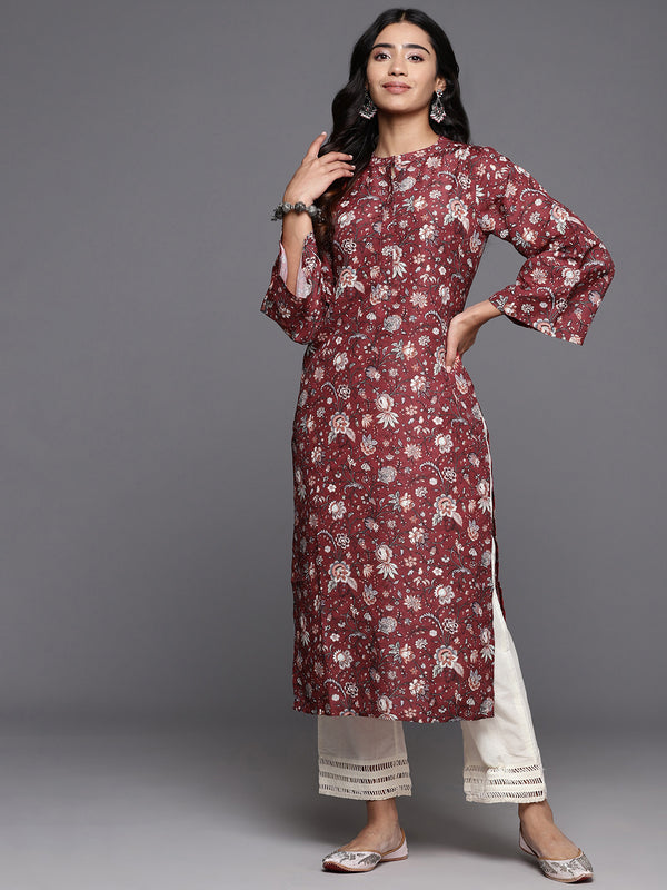 Varanga Women Maroon Floral Printed Straight Kurta With Flared Sleeves - Distacart