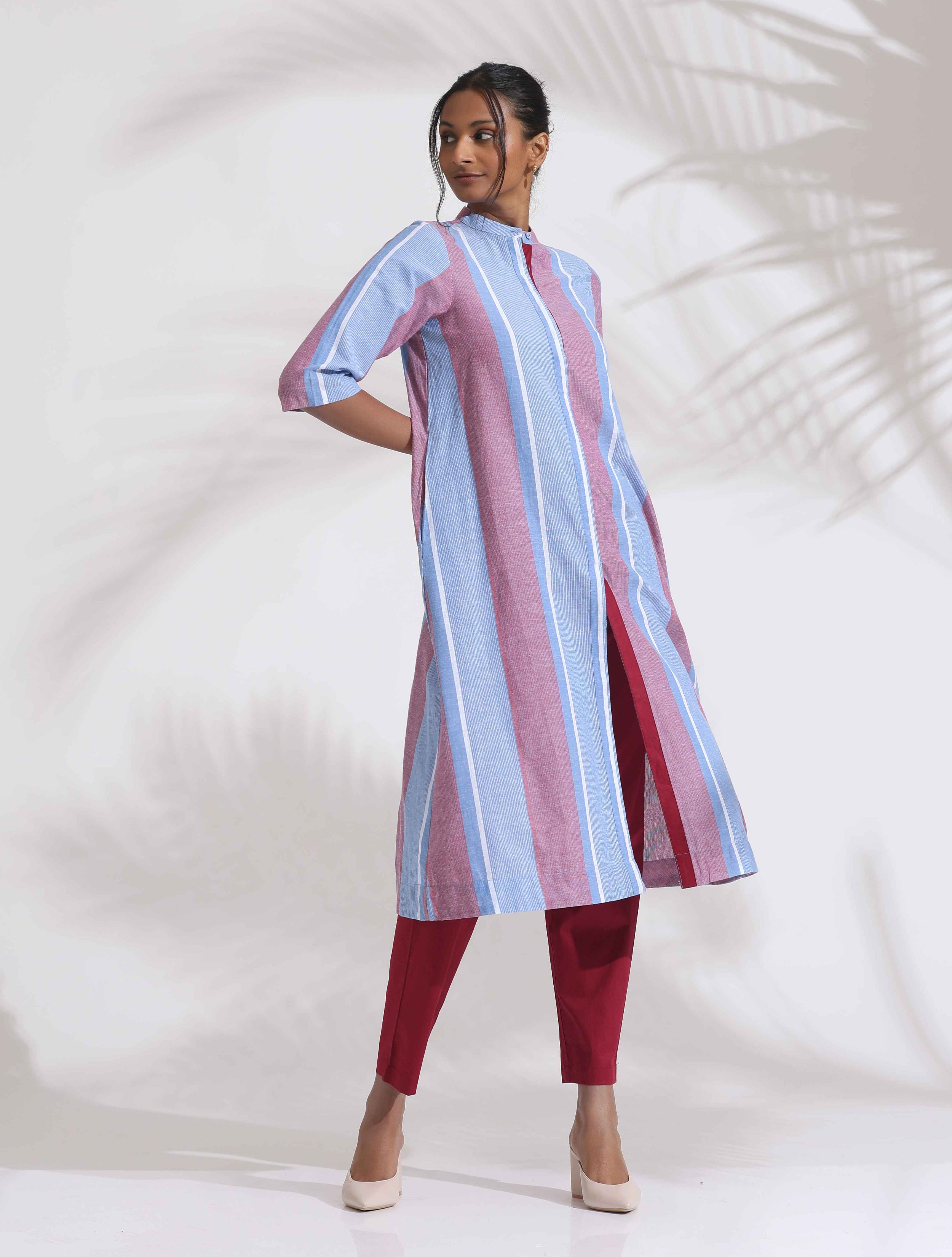 trueBrowns Blue Cotton Stripe Straight Kurta Set - Distacart