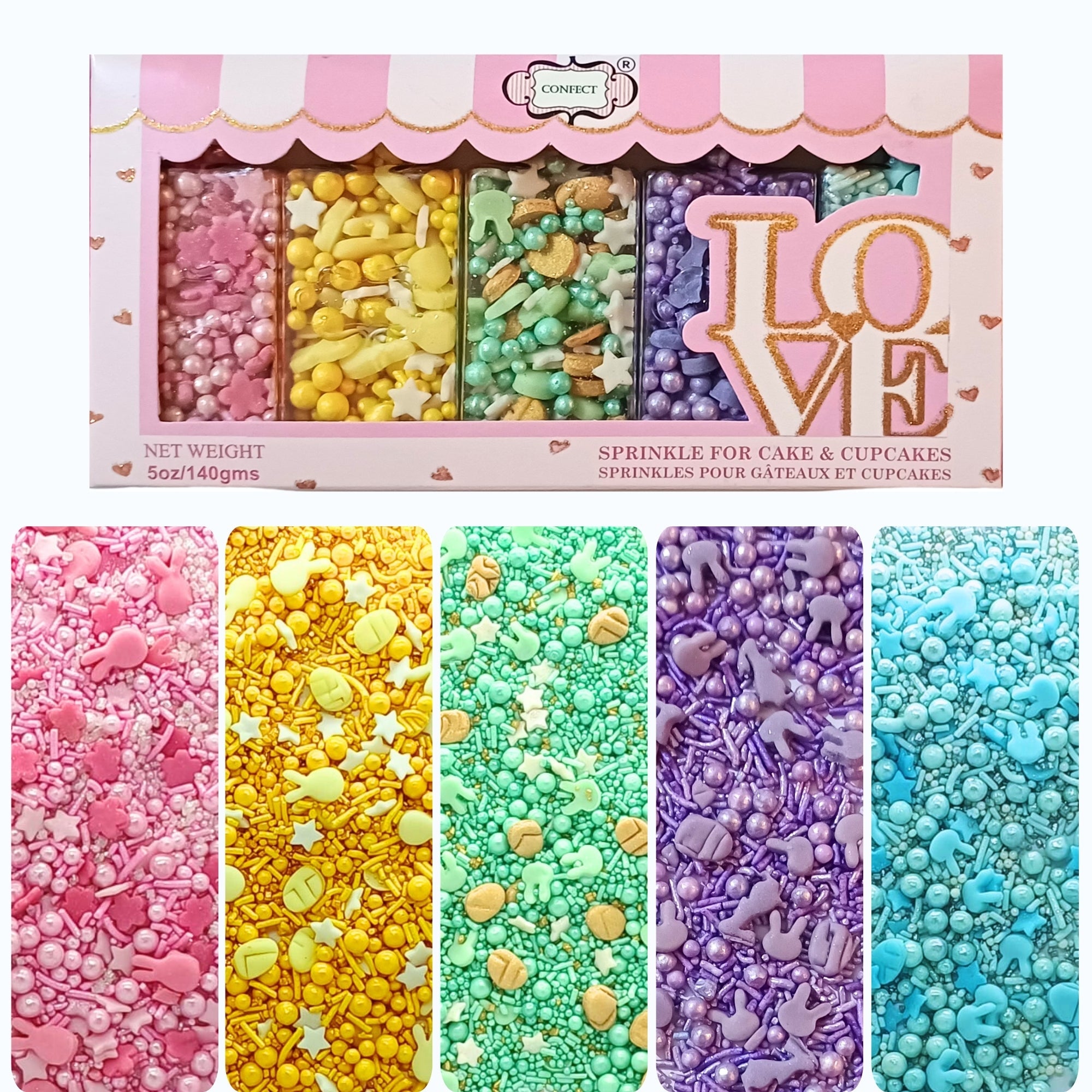 confect easter sprinkles edible mix parrot green pink sky blue and yellow pearls stars pack of 5 100gms