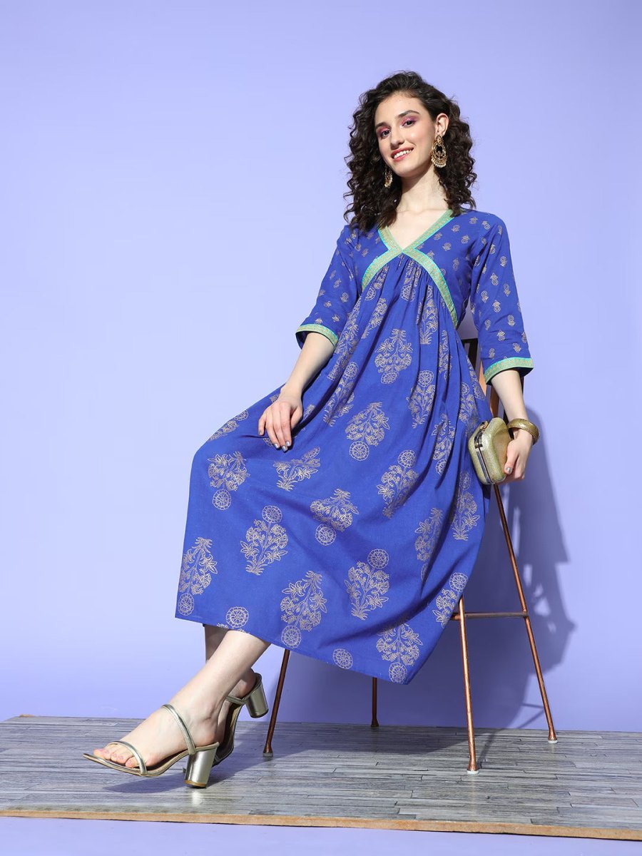 Ahalyaa Blue Floral Print Midi Empire Ethnic Dress - Distacart