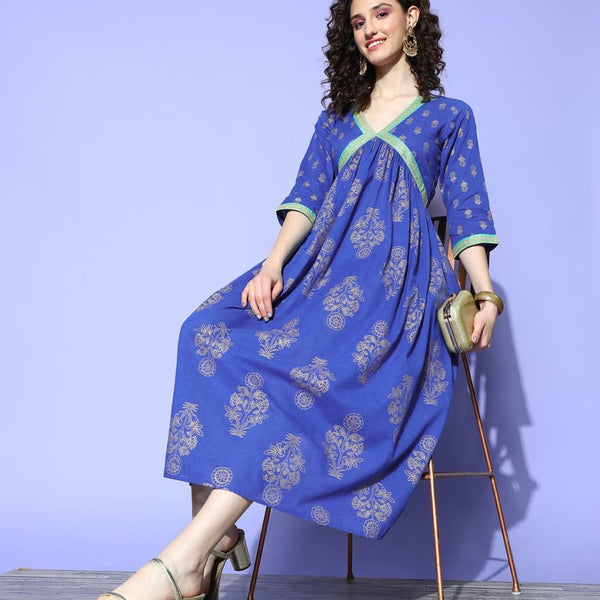 Ahalyaa Blue Floral Print Midi Empire Ethnic Dress - Distacart