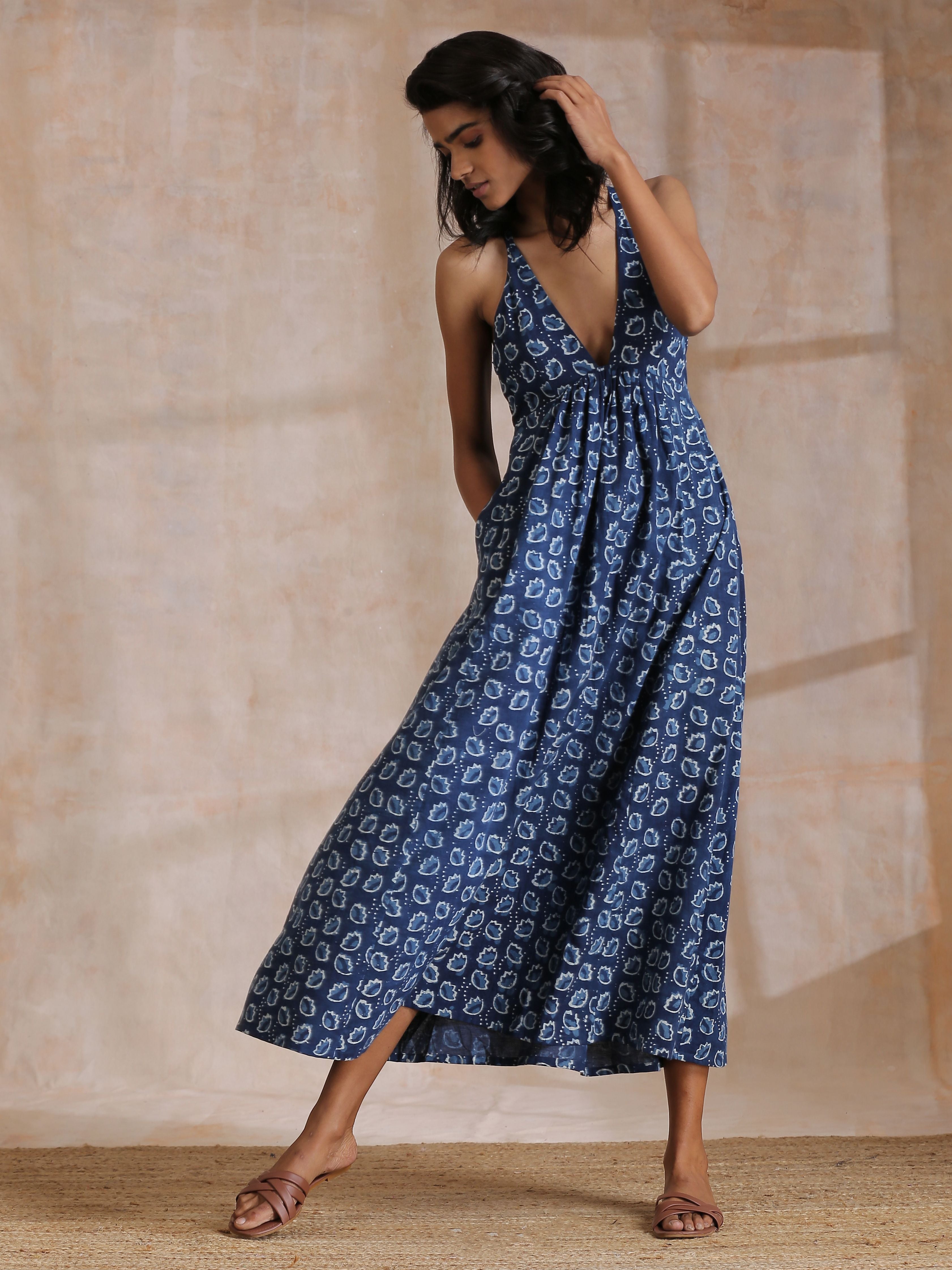 trueBrowns Indigo Dabu Floral Print Cotton Sleeveless Dress | Relove - Distacart
