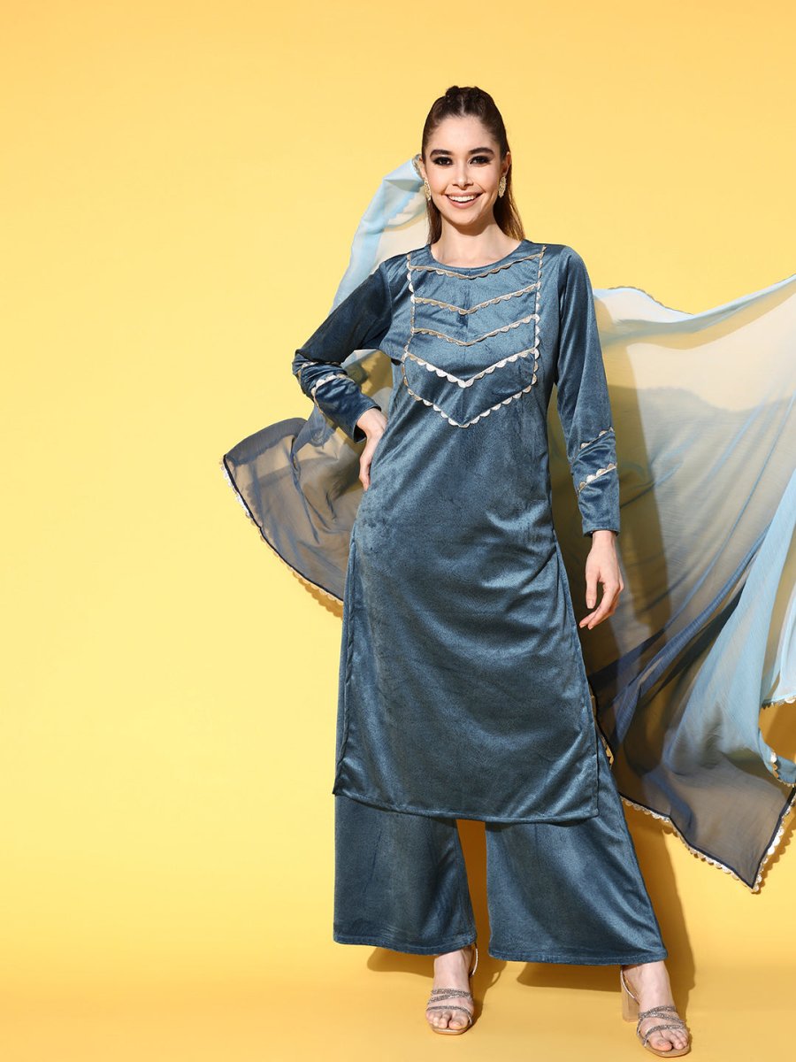 Ahalyaa Women Gotta Patti Velvet Kurta with Palazzos & With Dupatta - Distacart