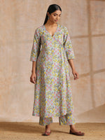 Thumbnail for trueBrowns Grey Overall Floral Block Print Cotton Angrakha Kurta Pant Set - Distacart