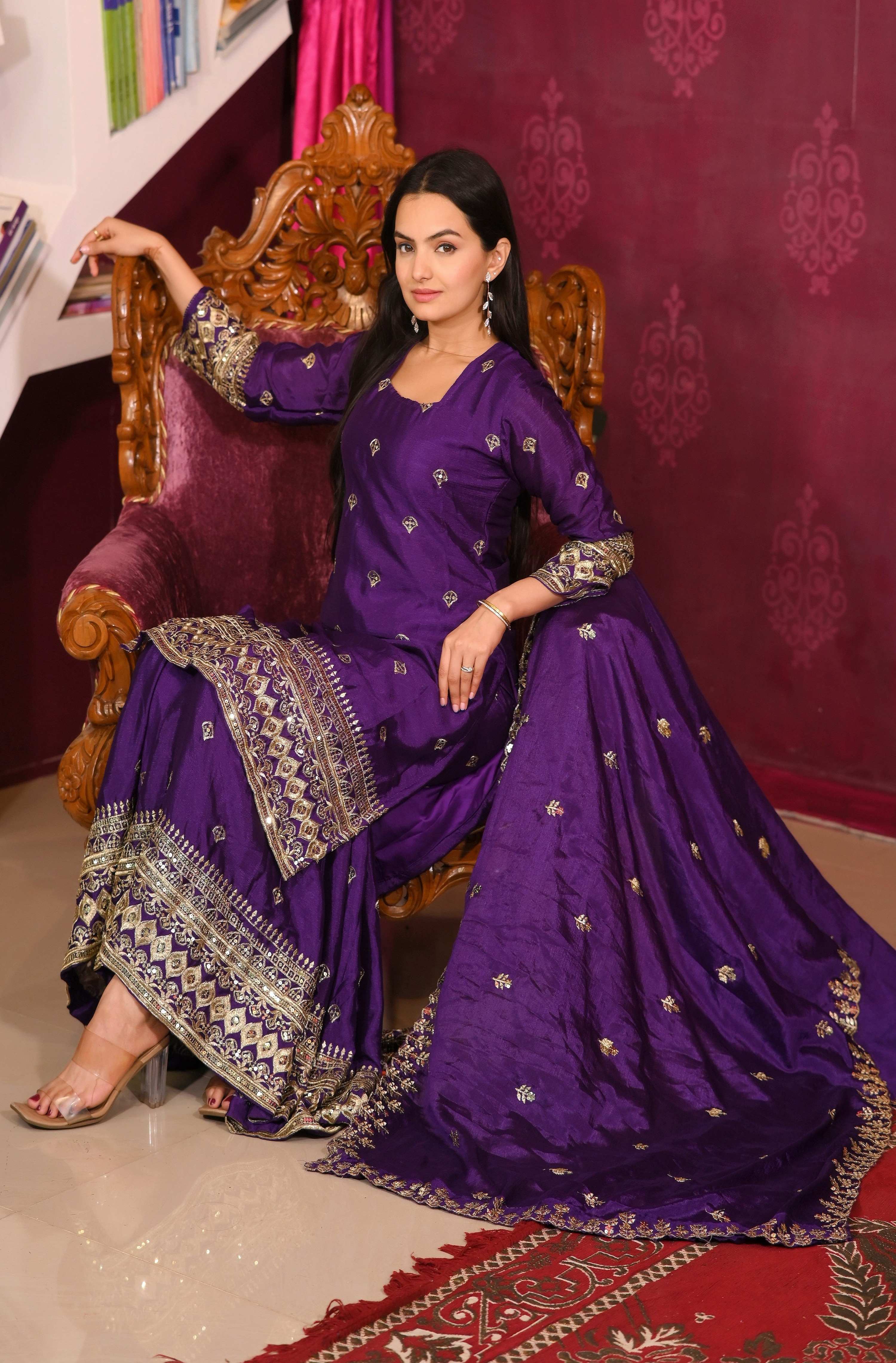 Teeya Creation Purple Color Chinon Silk Heavy Embroidery Work Fully Stitched Salwar Suit - Distacart
