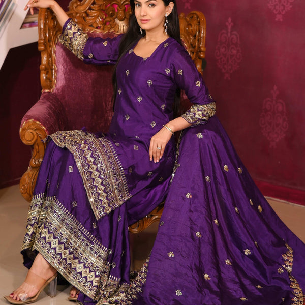 Teeya Creation Purple Color Chinon Silk Heavy Embroidery Work Fully Stitched Salwar Suit - Distacart