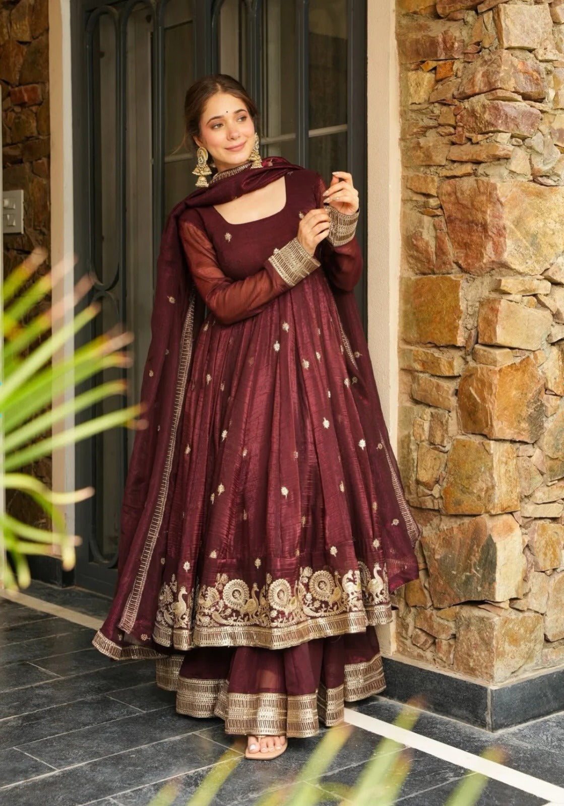 Anaita Chocolate Silk Anarkali Readymade Suit with Embroidery & Sequence Work - Dista