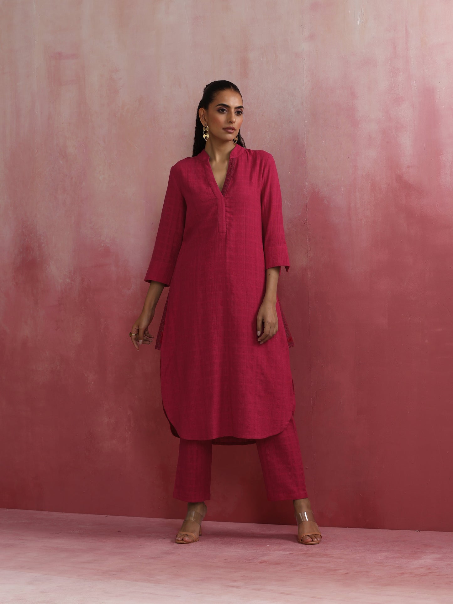 trueBrowns Magenta Cotton Dobby Kurta Set - Distacart
