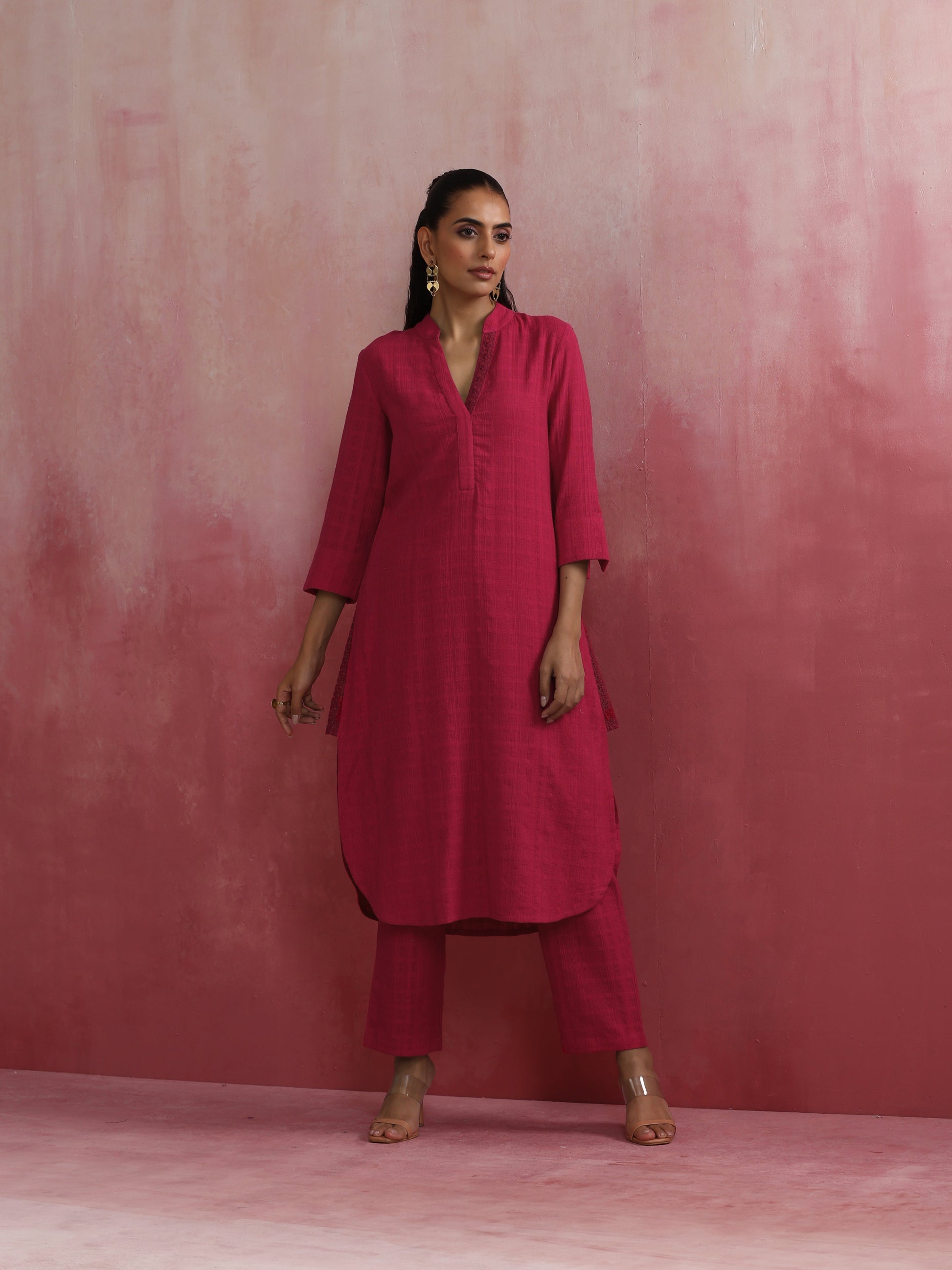 trueBrowns Magenta Cotton Dobby Kurta Set - Distacart
