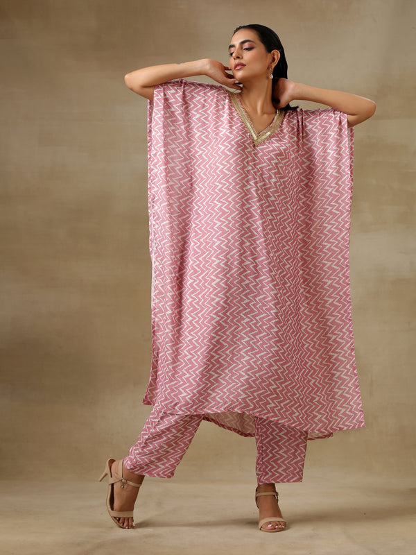 trueBrowns Light Mauve Bandhani Printed Silk Kaftan Kurta Pant Set - Distacart