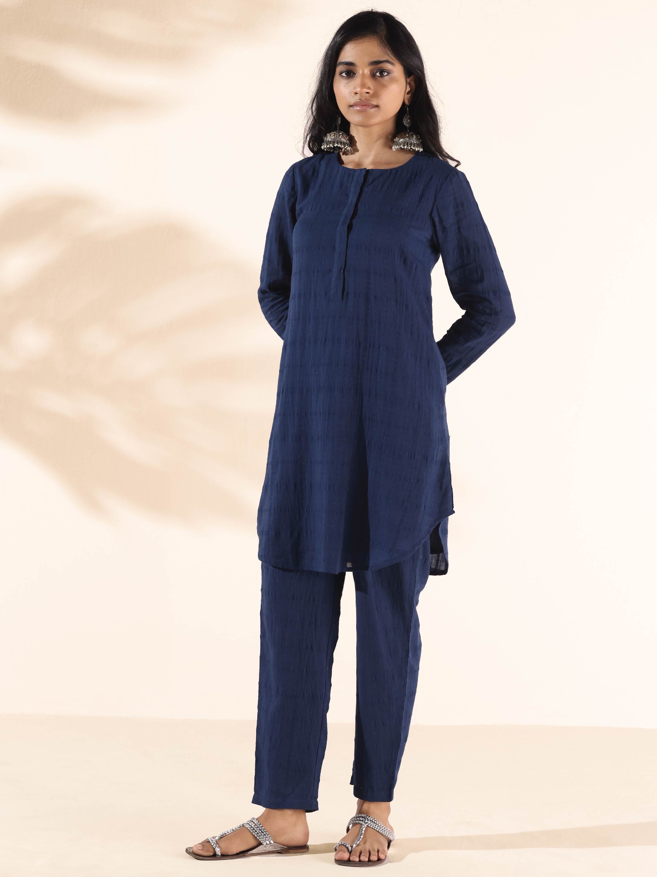 trueBrowns Blue Cotton Dobby Relaxed Co-ord Set - Distacart