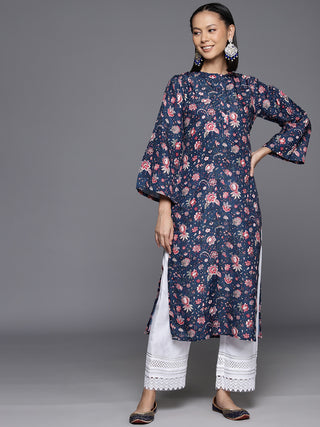 Varanga Women Blue Floral Printed Straight Kurta With Flared Sleeves