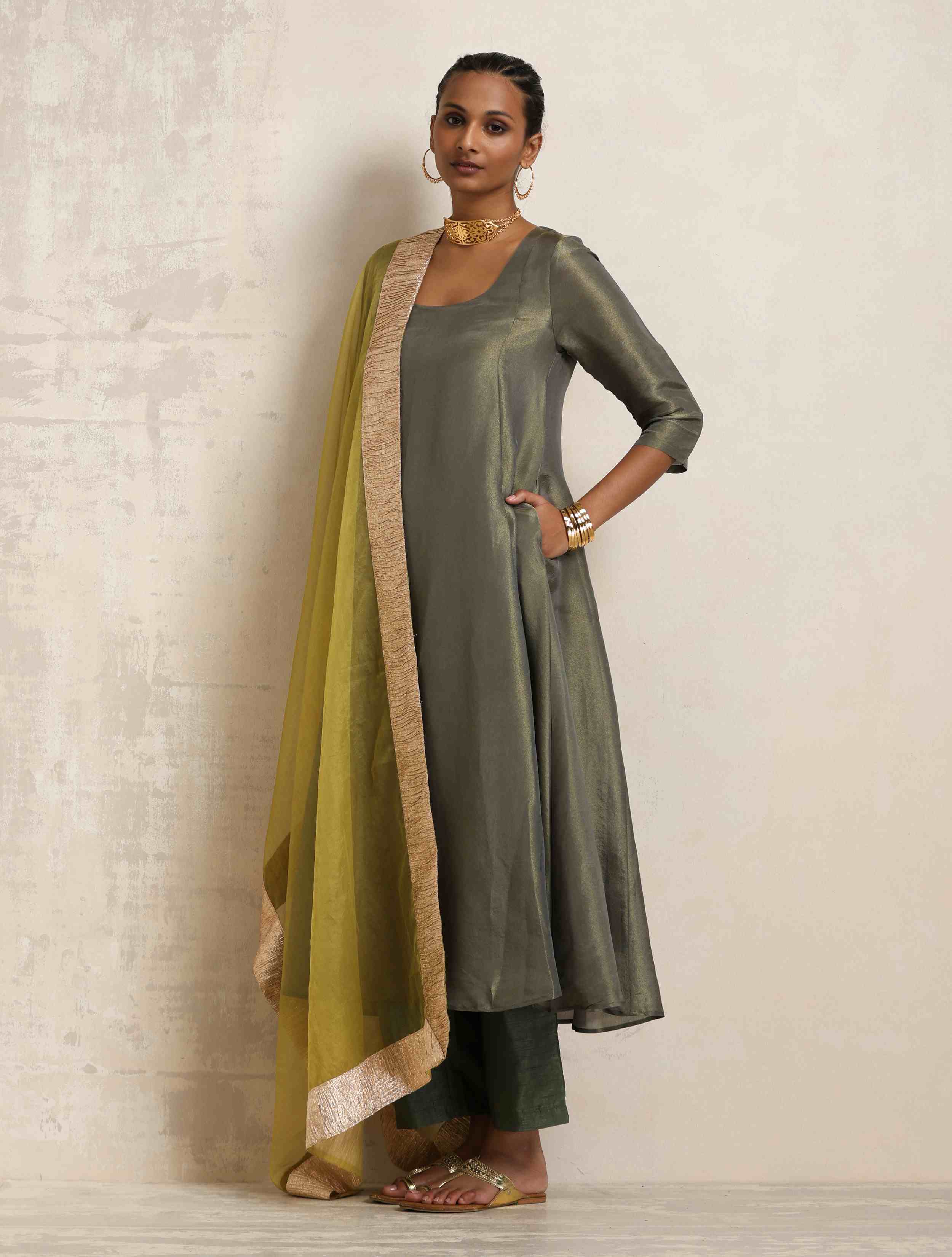 trueBrowns Green Tissue Anarkali Kurta Dupatta Set - Distacart