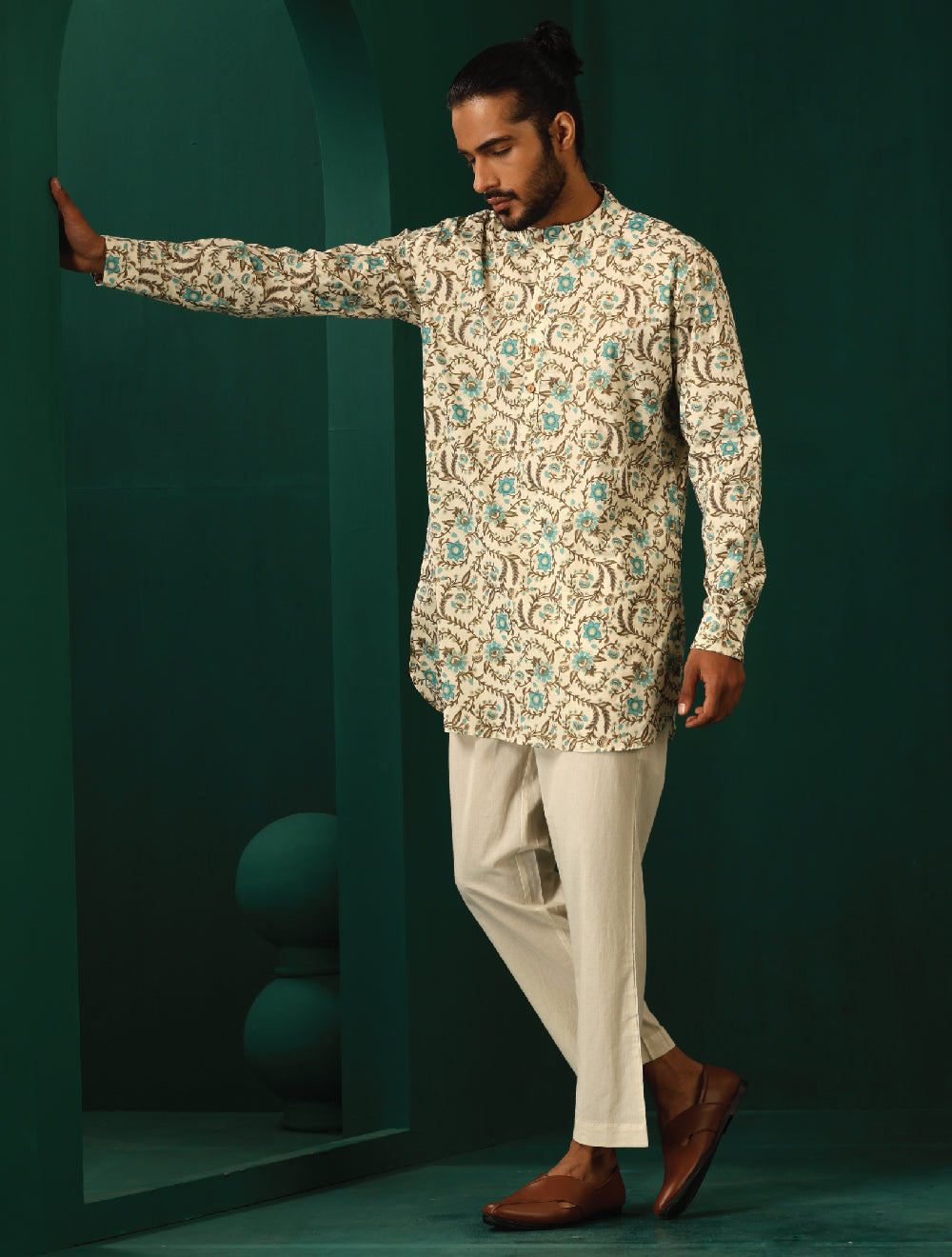 trueBrowns Men's Teal Floral Cotton Printed Co-ord Set - Distacart