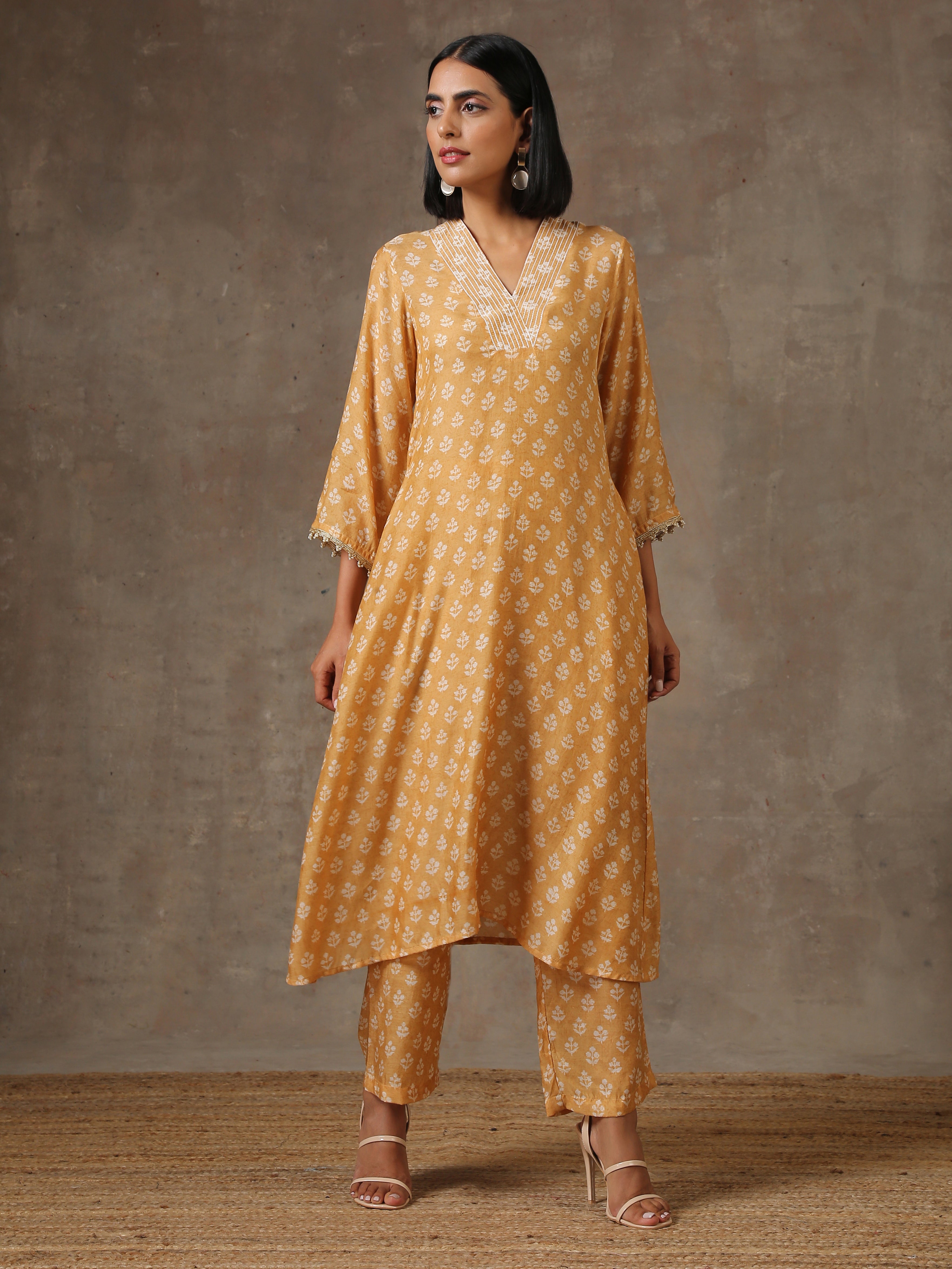 trueBrowns Beige White Flared Printed Silk Kurta Pant Set - Distacart