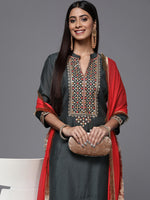 Thumbnail for Varanga Grey Embroidered Kurta Paired With Tonal Bottom And Contrast Dupatta - Distacart