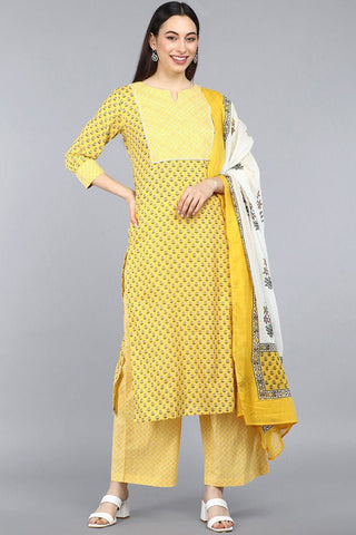Ahika Yellow Pure Cotton Straight Kurta Pant With Dupatta