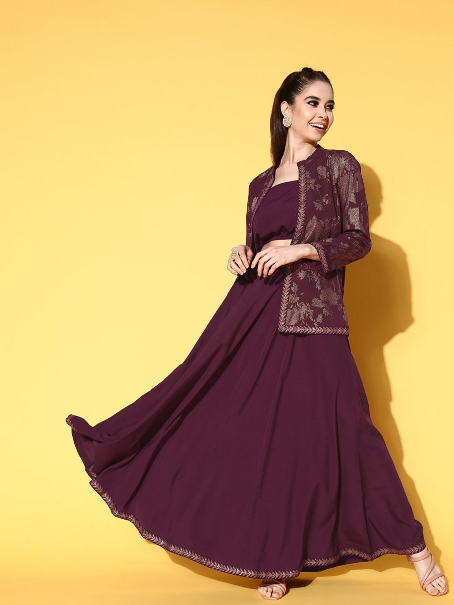 Ahalyaa Women Burgundy Top With Skirt & With Jacket - Distacart