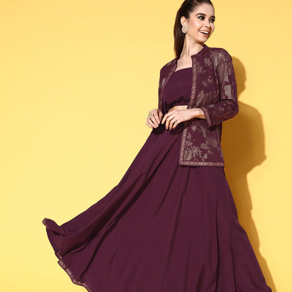 Ahalyaa Women Burgundy Top With Skirt & With Jacket - Distacart