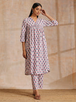 Thumbnail for trueBrowns White With Pink Blue Floral Block Print Cotton Flared Slit Kurta Pant Set - Distacart