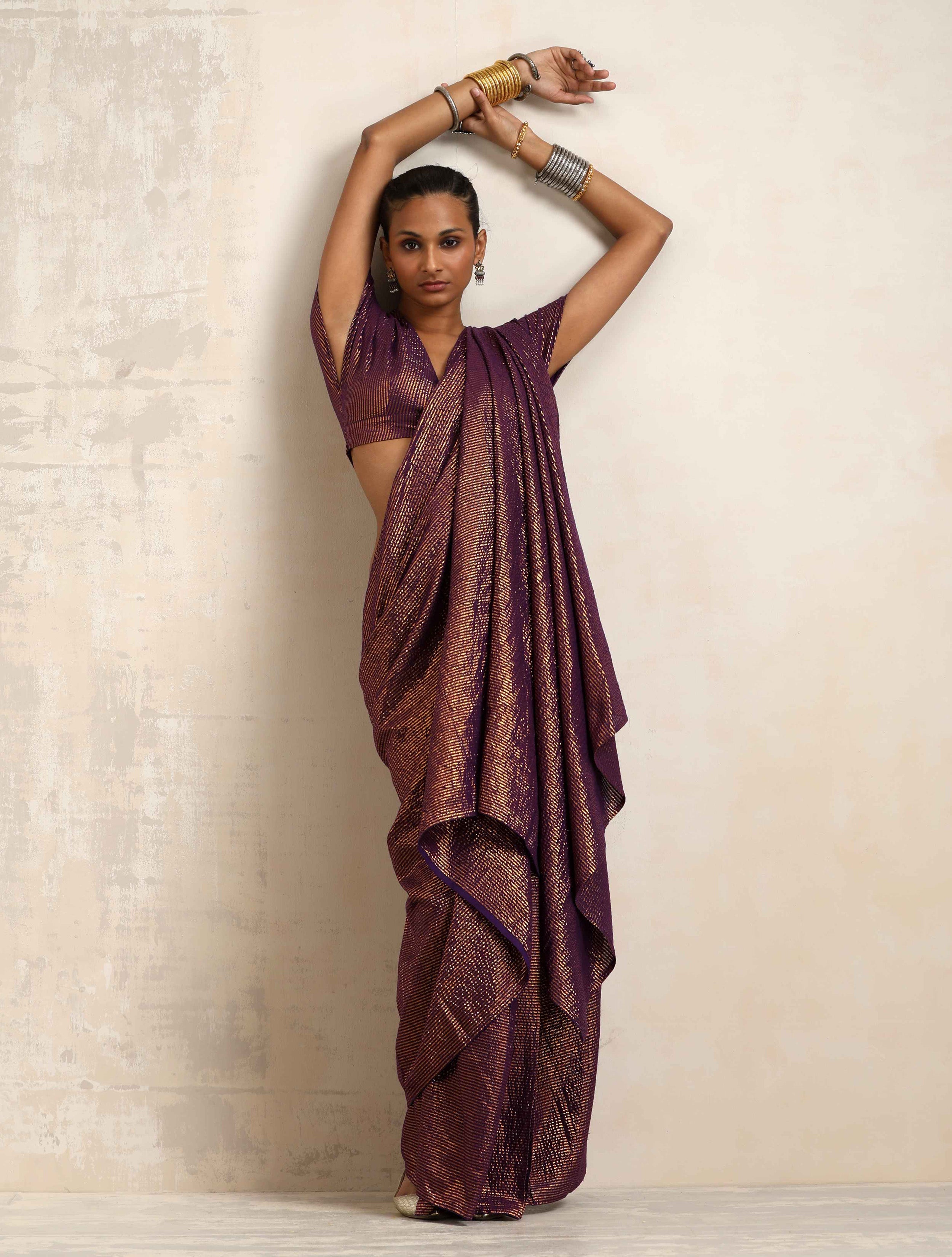 trueBrowns Purple Gold Lurex Ready To Wear Saree - Distacart