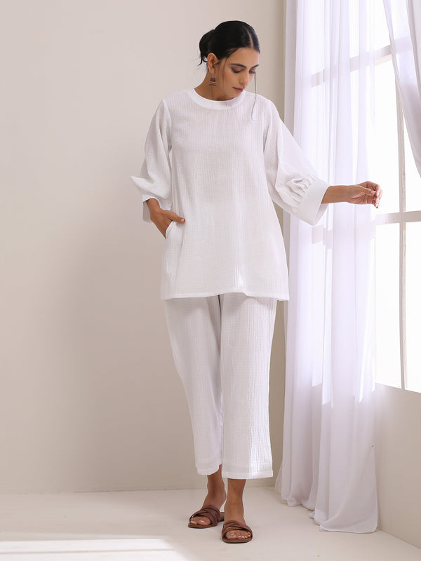 trueBrowns White Dobby Baggy Sleeve Co-Ord Set - Distacart