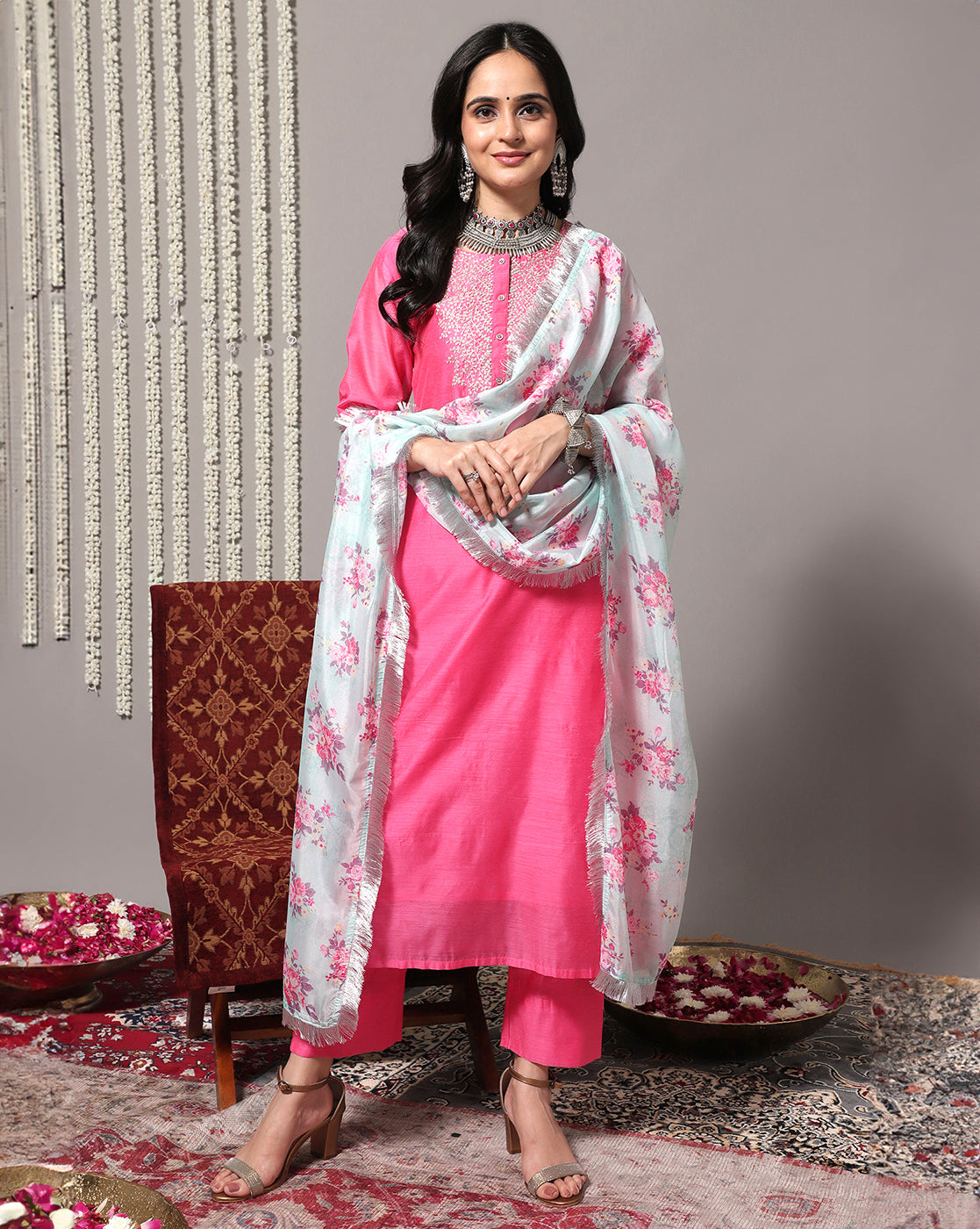 Varanga Women Pink Floral Embroidered Regular Chanderi Silk Kurta With Trousers & With Dupatta - Distacart