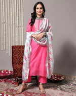 Thumbnail for Varanga Women Pink Floral Embroidered Regular Chanderi Silk Kurta With Trousers & With Dupatta - Distacart